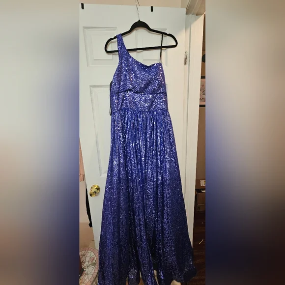 Stunning Blue Sequin By B.Darlin One-Shoulder Gown - Picture 12 of 15